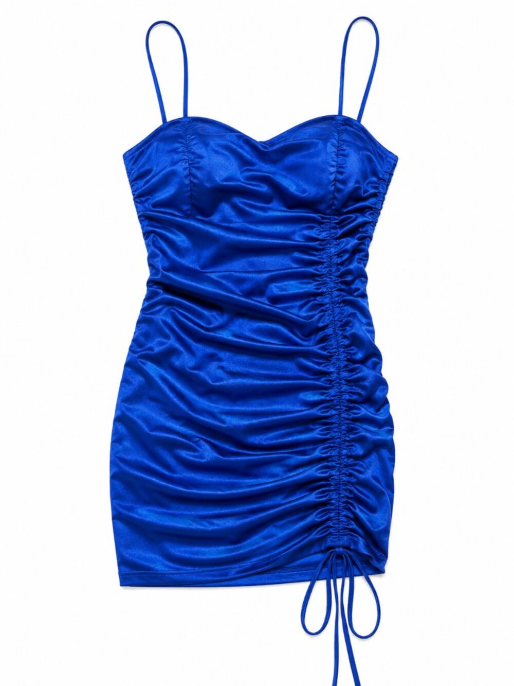 Ruched Bodycon Mini Dress Size S Spaghetti Strap Drawstring Party Women Blue